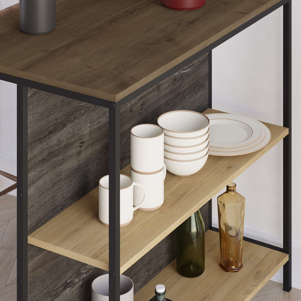 Compact kitchen island with storage shelves and countertop for small dining or prep areas