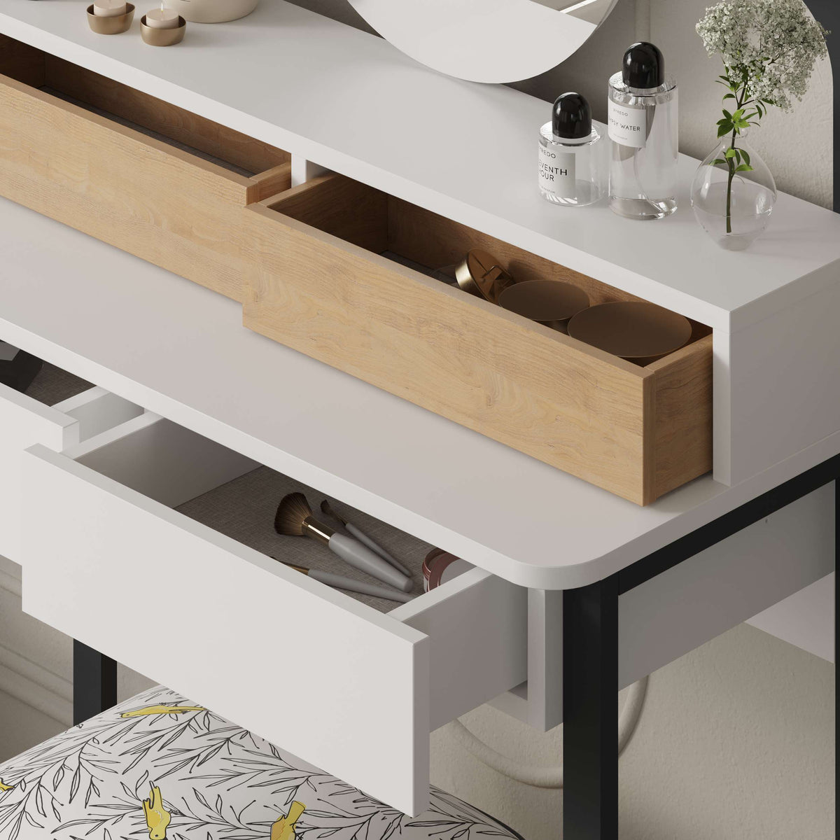 Modern white dressing table with mirror and drawers, perfect for makeup storage and bedroom organisation.