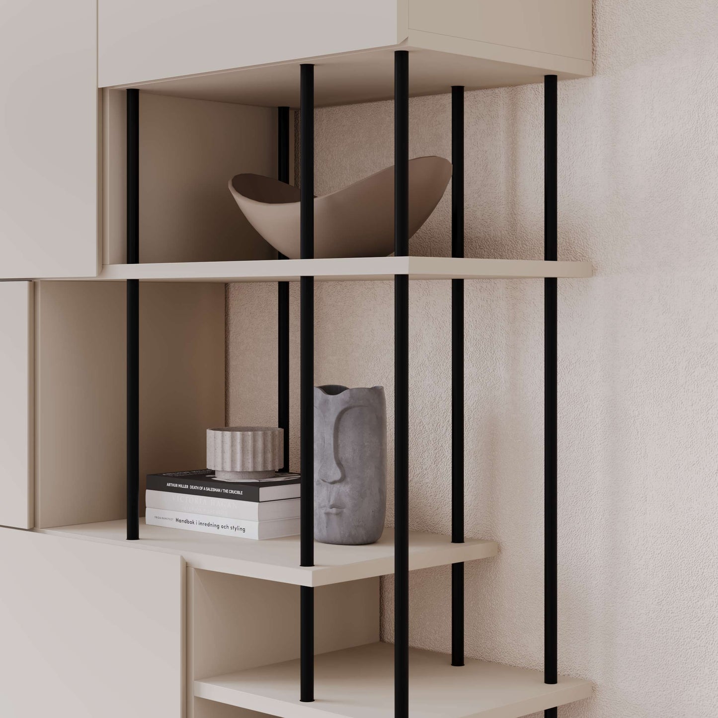 Tall multipurpose cabinet with mixed closed compartments and open shelving, ideal for living room or office storage.