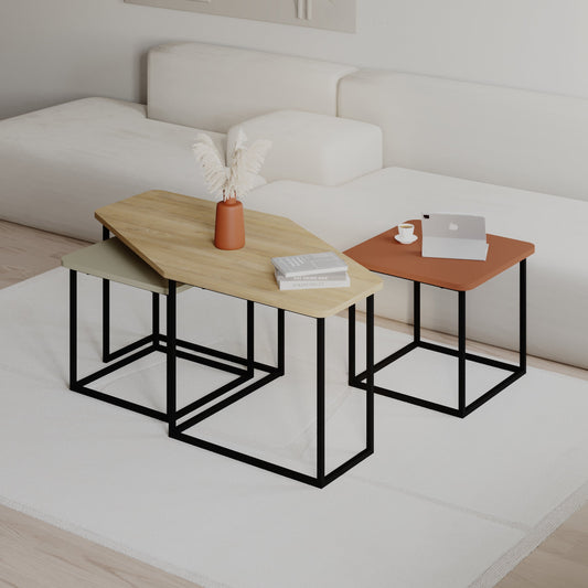 Modern geometric nesting coffee tables with metal legs, designed for small living rooms and space-saving interiors.