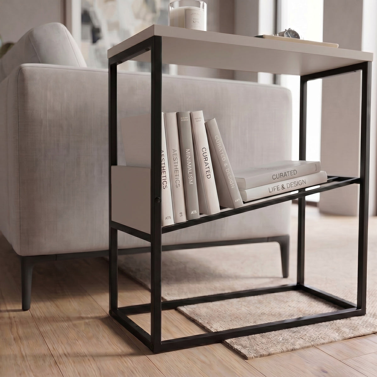 Rimble 55cm End Table with Angled Book Rack — Light Mocha