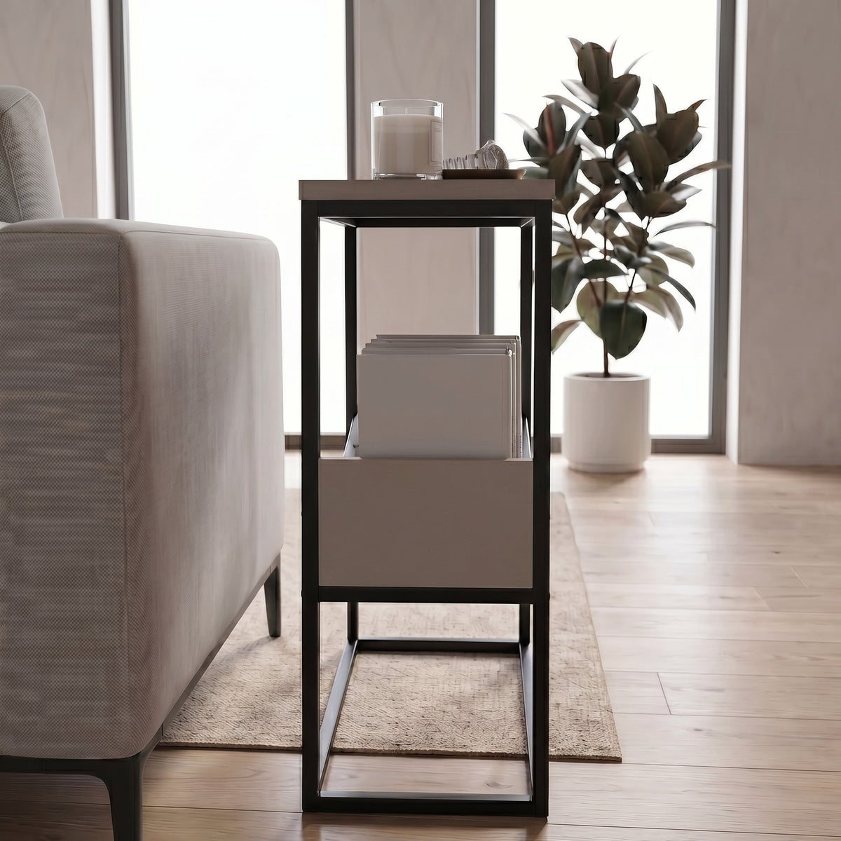 Rimble 55cm End Table with Angled Book Rack — Light Mocha