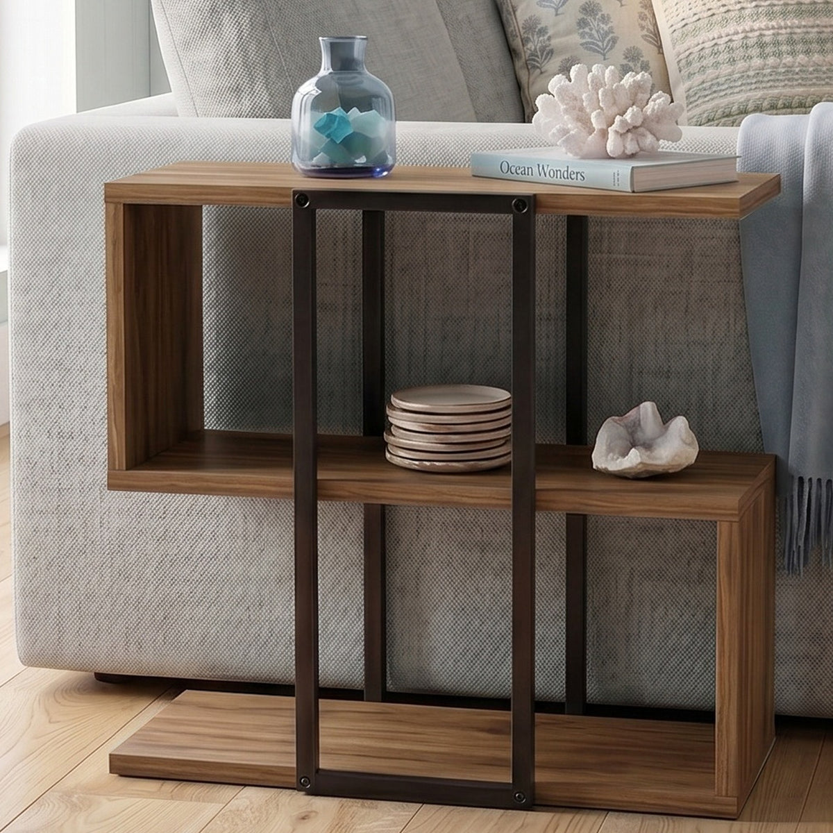 Grelle 56 cm Two-Tier Side Table with Metal Frame — Whiskey Oak