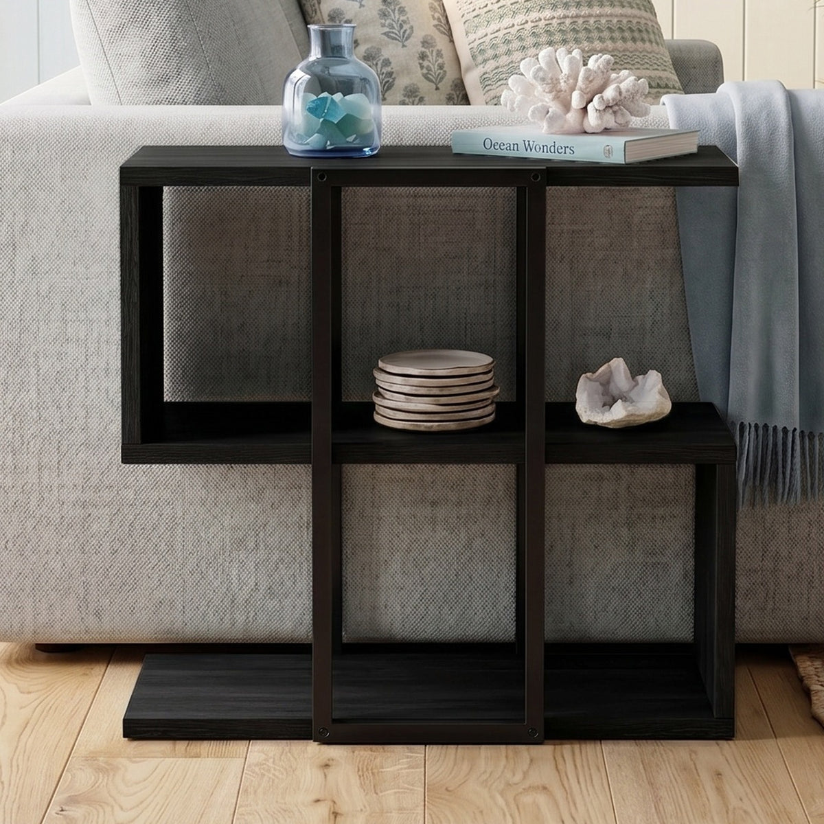 Grelle 56 cm Two-Tier Side Table with Metal Frame — Black Wood