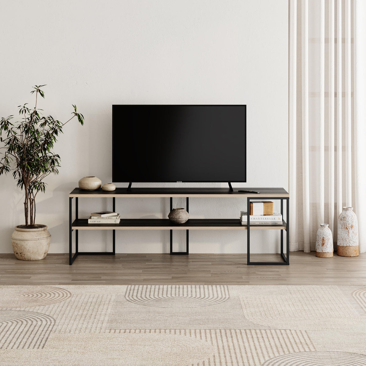 Quorne 140cm Open TV Unit with Black Metal Frame — Black Wood, Plywood