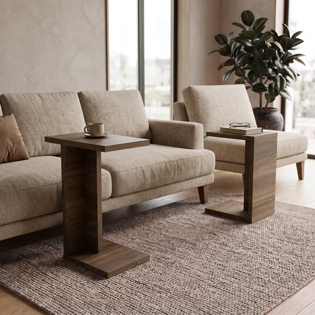 Jorsk C-Shaped Side Tables, Set of 2 (57 cm and 50 cm) — Natural Walnut Effect