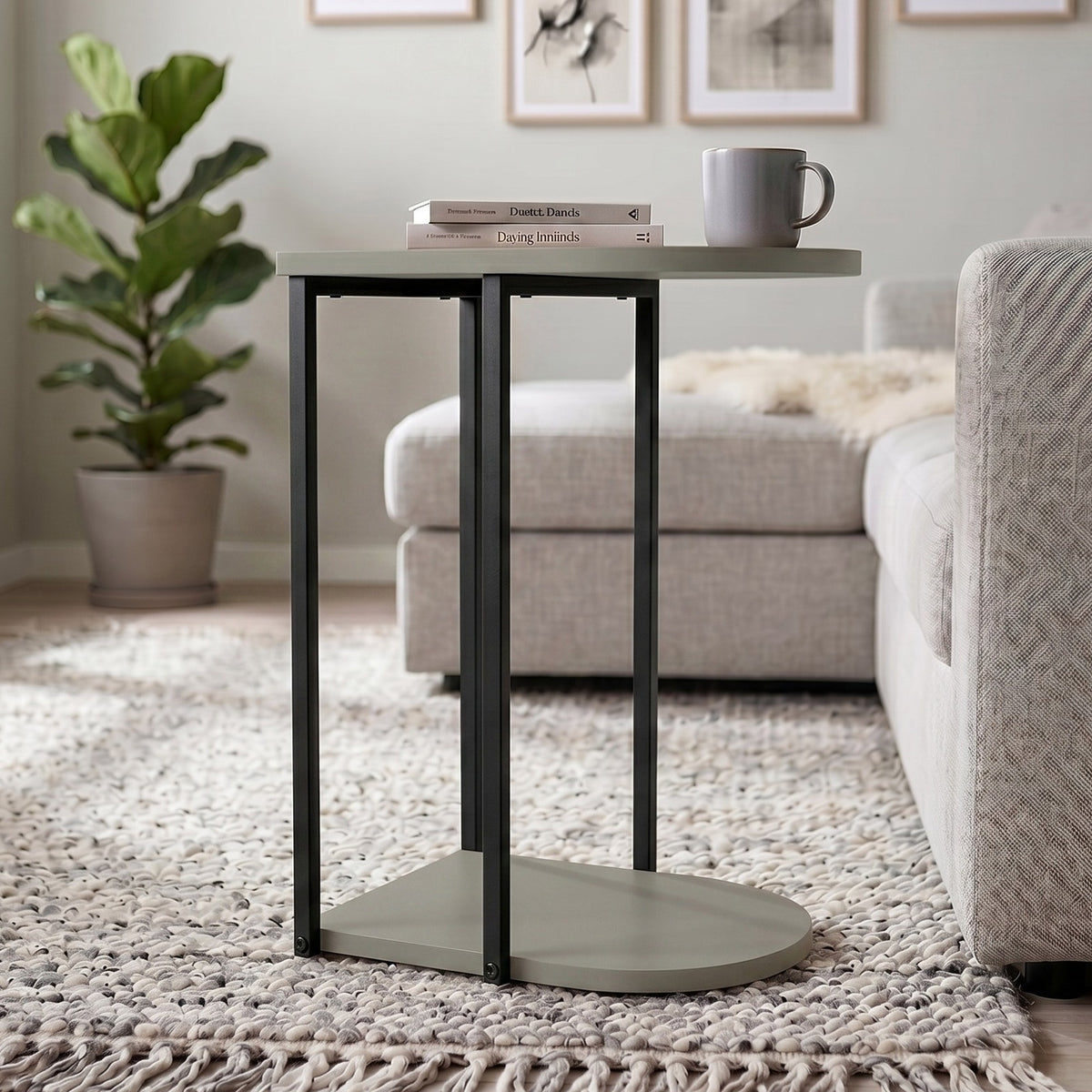 Yrsel 42cm Half-Round Side Table with Lower Shelf — Ash Green