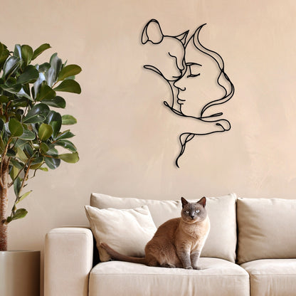 Cat Lover Metal Wall Art – 3D Metal Cat and Woman Wall Decor, 70x43.7 cm, Black