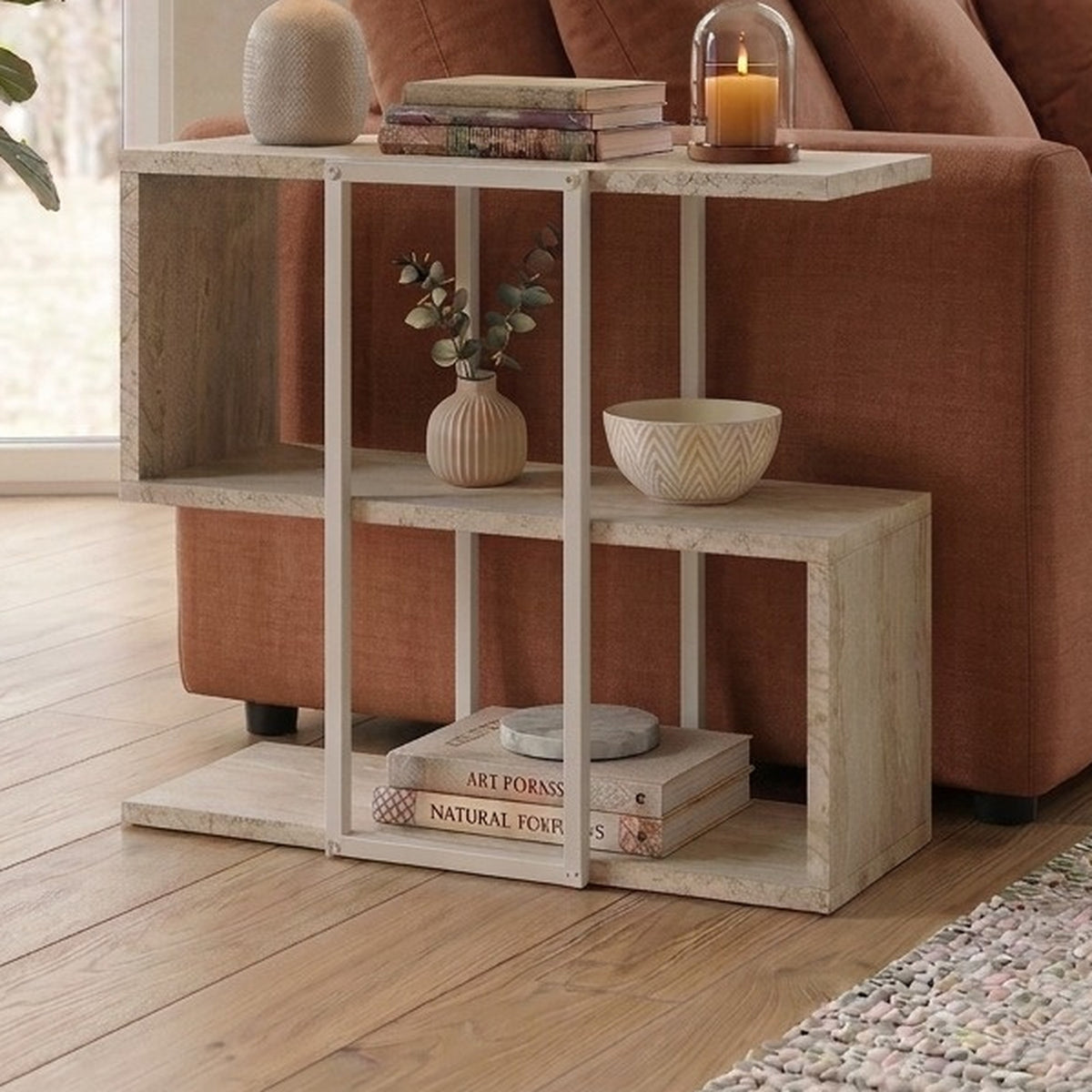 Grelle 56 cm Two-Tier Side Table with Metal Frame — Travertine