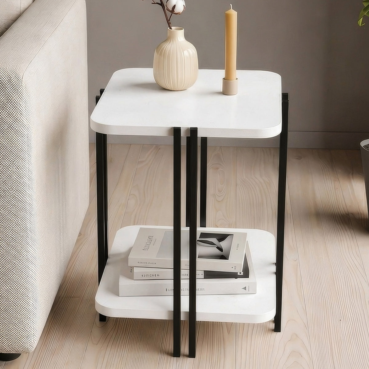 Zemlo 41cm Square 2-Tier Side Table with Metal Side Legs — White
