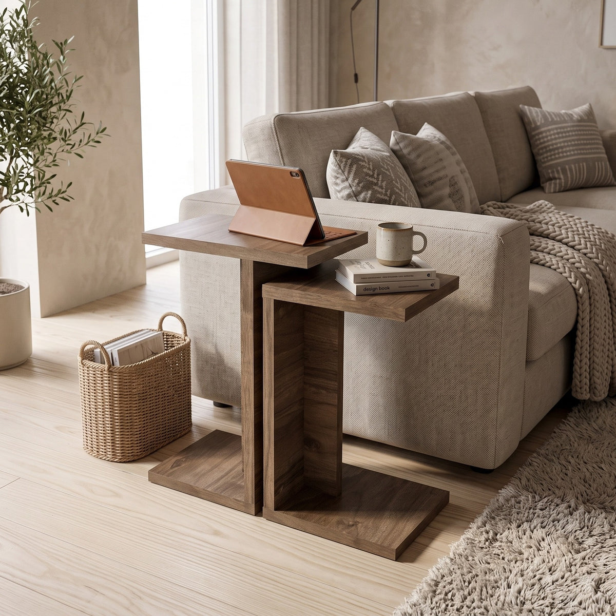 Jorsk C-Shaped Side Tables, Set of 2 (57 cm and 50 cm) — Natural Walnut Effect