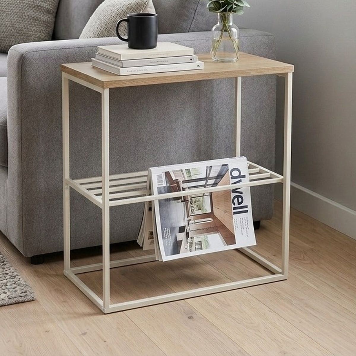 Pemby 55cm Slim End Table with Metal Magazine Rack — Natural Oak
