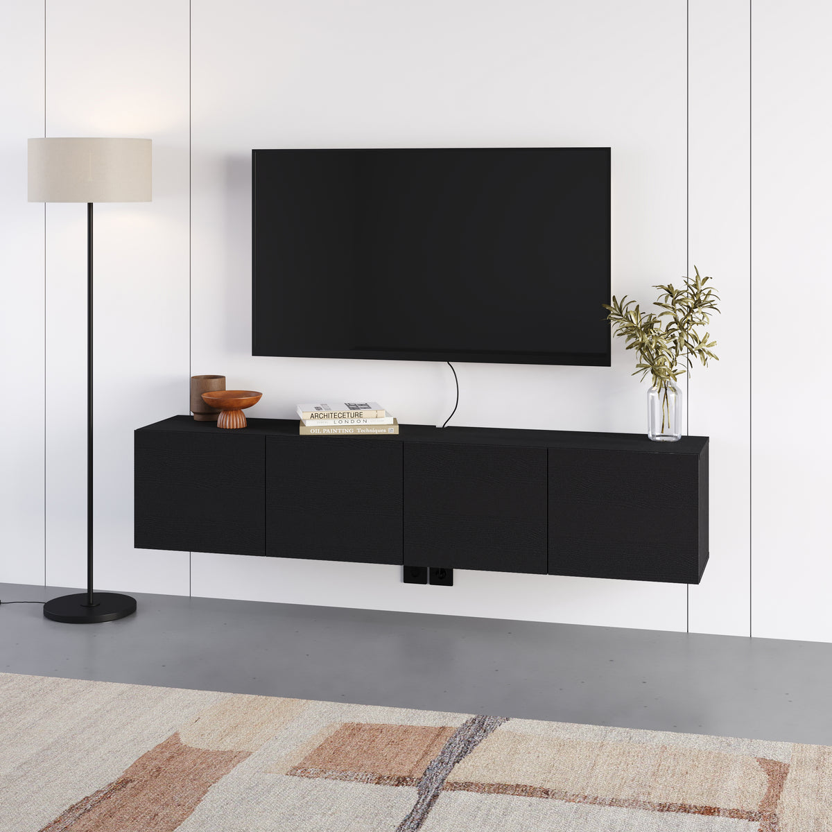 Hesmo 180cm Wall-Mounted TV Unit with 4 Soft-Close Doors — Black Wood