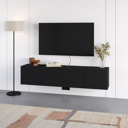 Hesmo 180cm Wall-Mounted TV Unit with 4 Soft-Close Doors — Black Wood