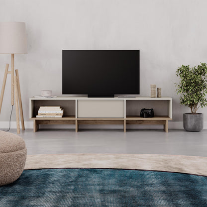 Trunvo 170cm TV Stand with Drop-Down Door and Open Shelves — Sandstone, Natural Oak
