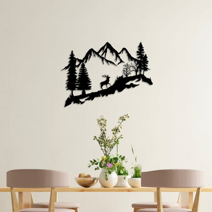 Mountain Deer Metal Wall Art – 3D Nature Scene with Trees & Mountains | 3 Sizes