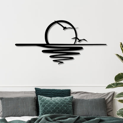 Sunset Metal Wall Art – 3D Minimal Seascape Wall Decor with Birds | 120x58 cm