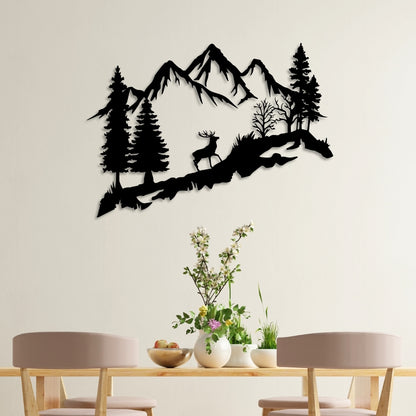 Mountain Deer Metal Wall Art – 3D Nature Scene with Trees & Mountains | 3 Sizes