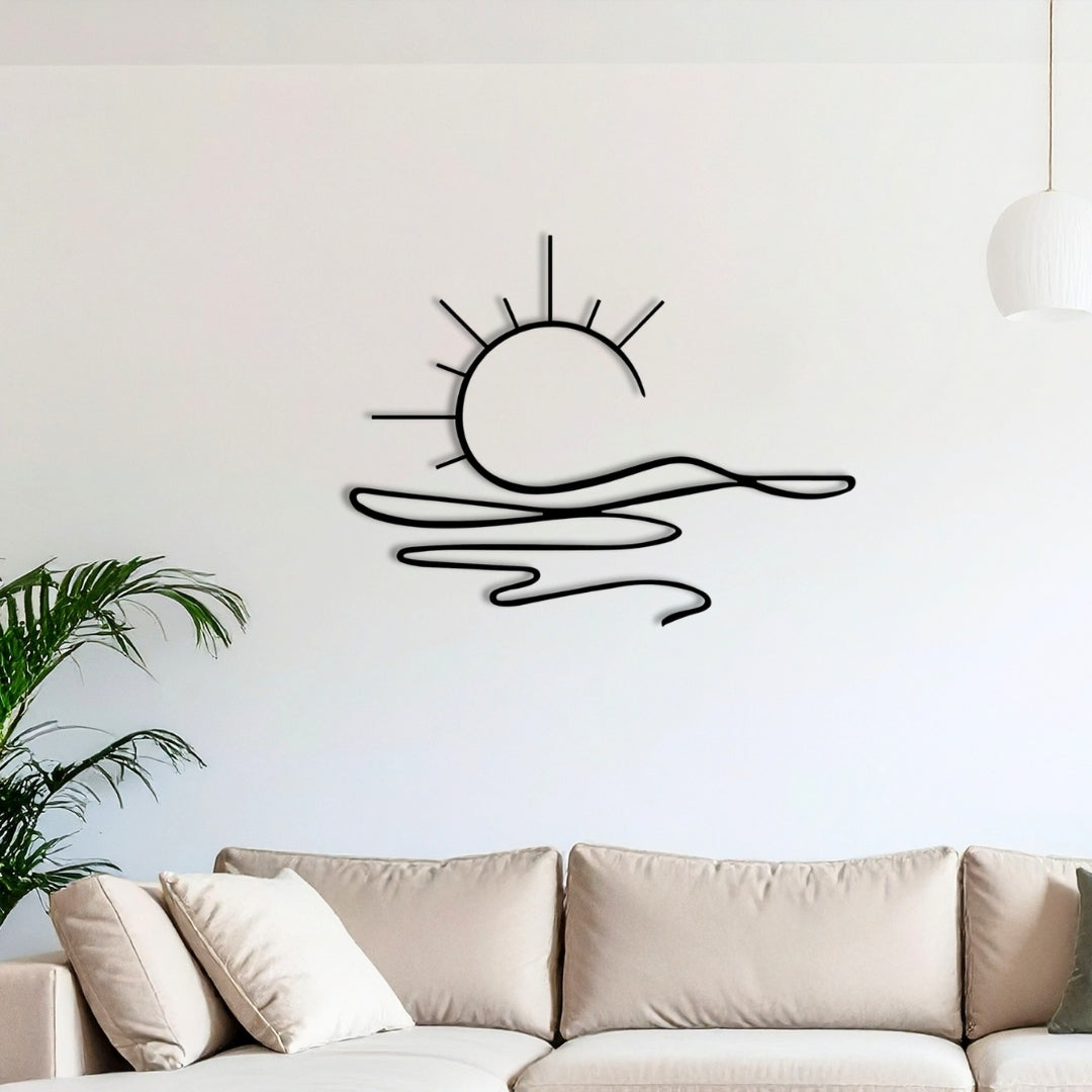Sunrise Metal Wall Art – 3D Minimal Sun and Wave Decor | 75x58 cm | Indoor & Outdoor Use
