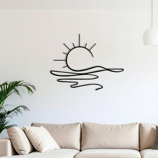 Sunrise Metal Wall Art – 3D Minimal Sun and Wave Decor | 75x58 cm | Indoor & Outdoor Use