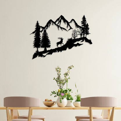 Mountain Deer Metal Wall Art – 3D Nature Scene with Trees & Mountains | 3 Sizes