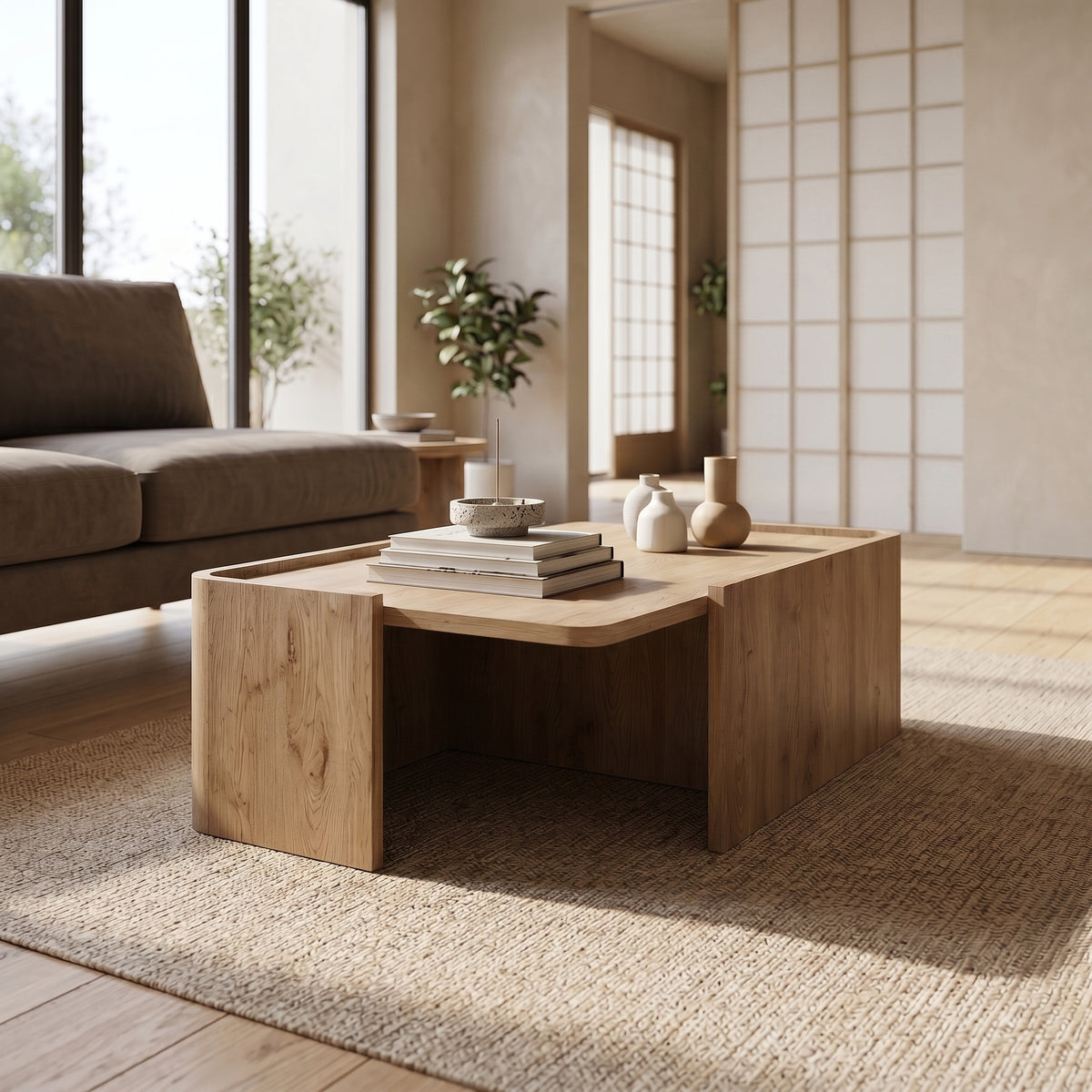 Pallow 82 cm Low Coffee Table with Solid Panel Ends — Natural Oak