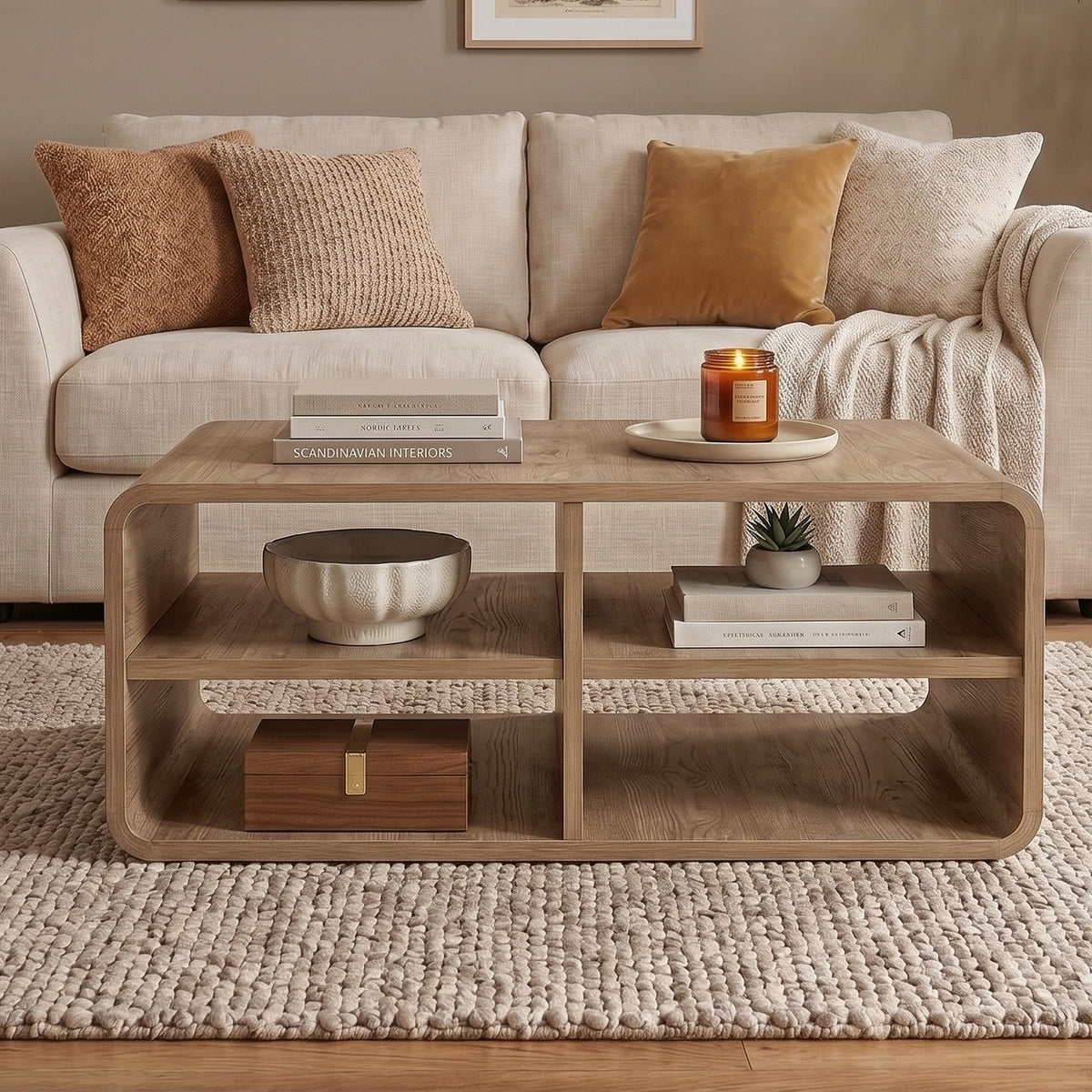 Bevund 80 cm Coffee Table with 4 Open Compartments — Natural Oak