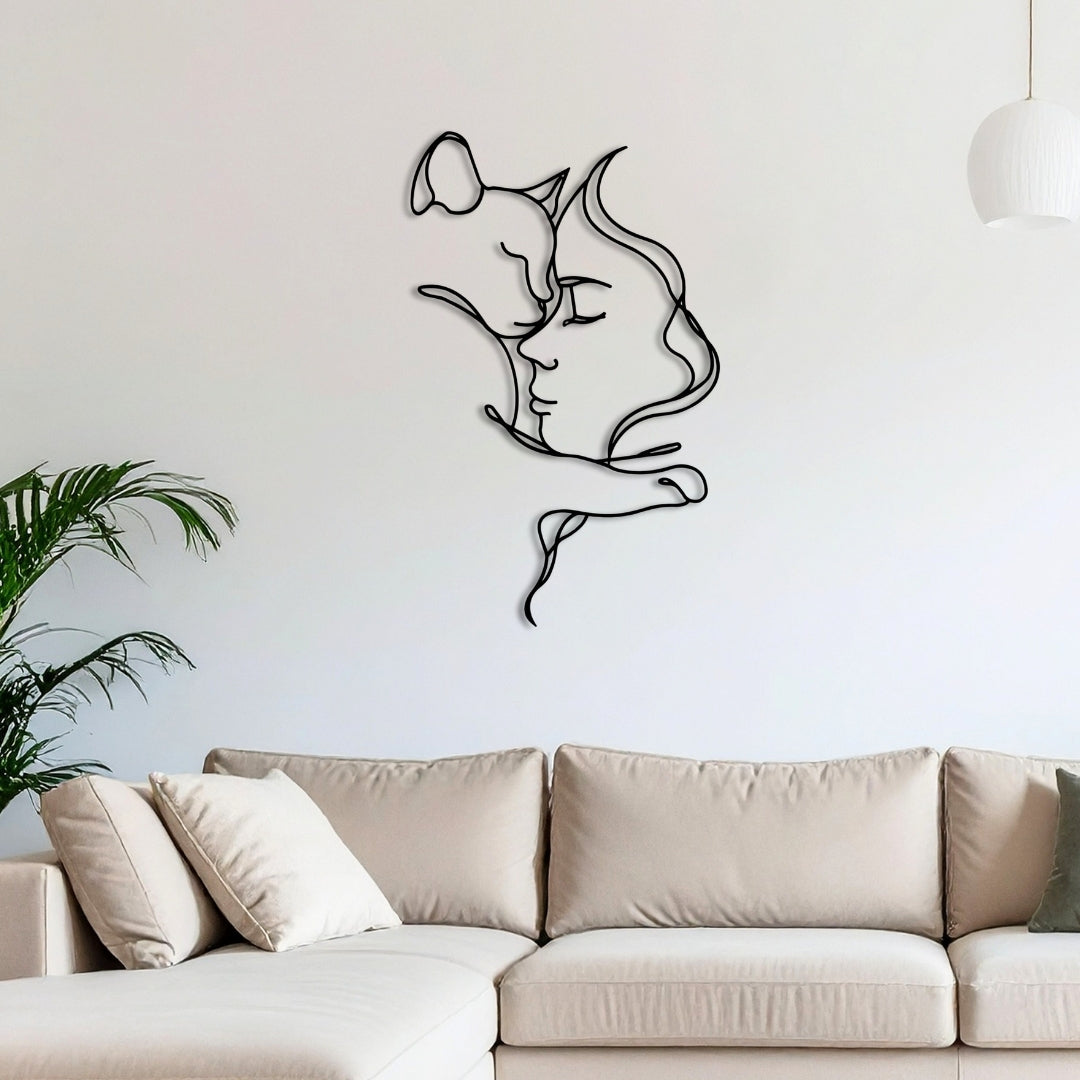 Cat Lover Metal Wall Art – 3D Metal Cat and Woman Wall Decor, 70x43.7 cm, Black