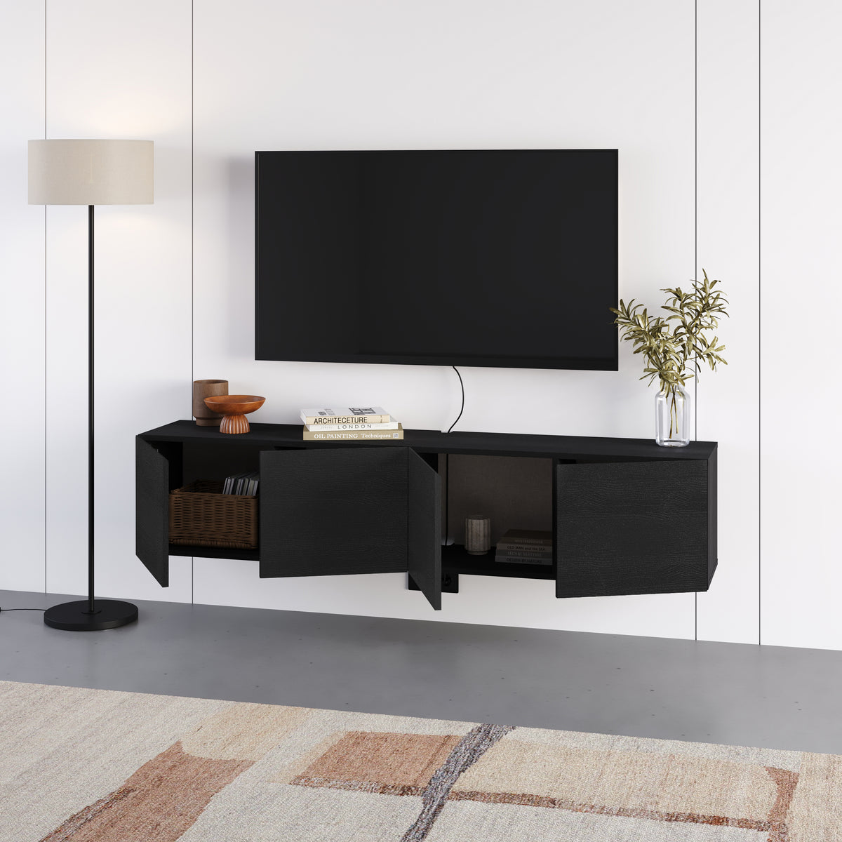 Hesmo 180cm Wall-Mounted TV Unit with 4 Soft-Close Doors — Black Wood