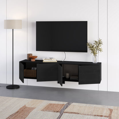 Hesmo 180cm Wall-Mounted TV Unit with 4 Soft-Close Doors — Black Wood