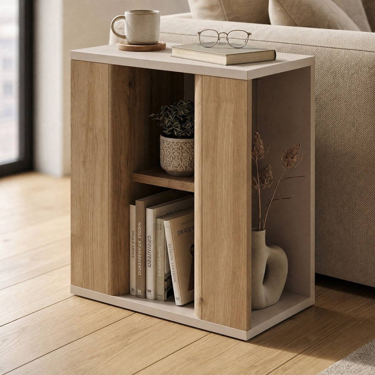 Rudmo 45 cm Slim Side Table with Open Storage Niches — Natural Oak, Sandstone