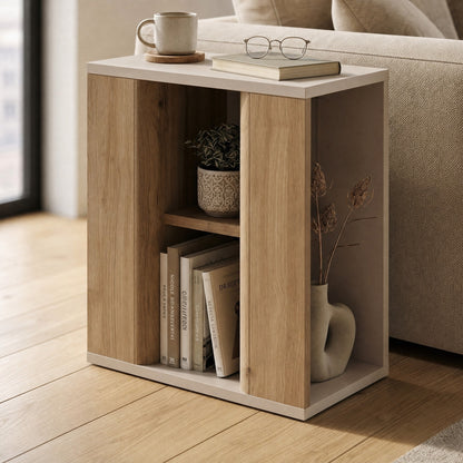 Rudmo 45 cm Slim Side Table with Open Storage Niches — Natural Oak, Sandstone