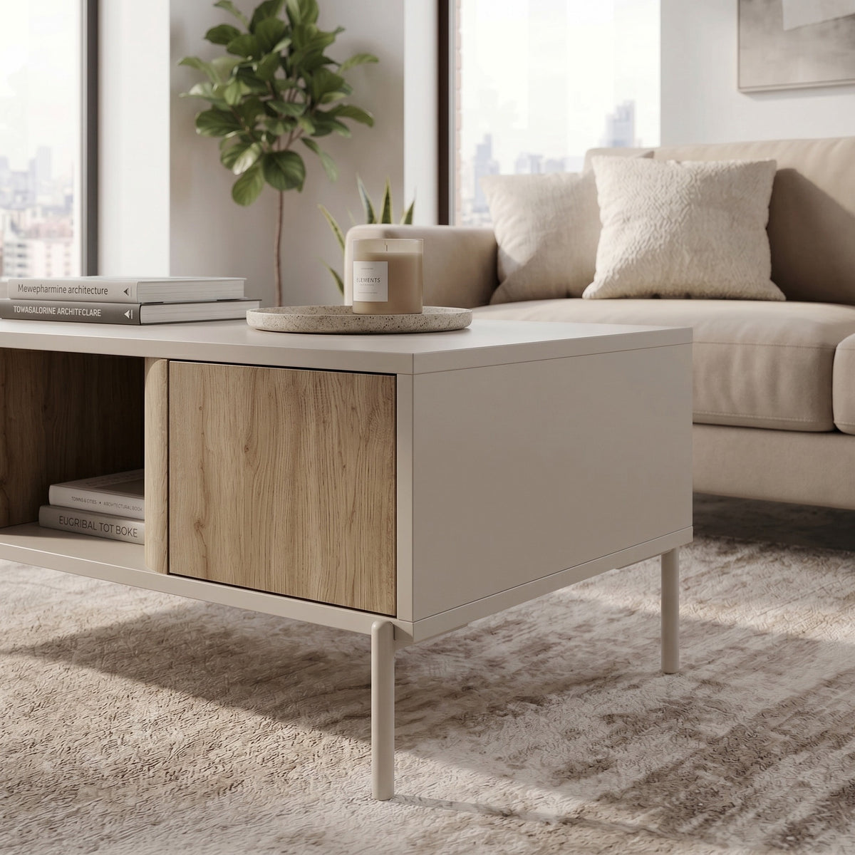 Fennor 90 cm Coffee Table with 2 Pull-Out Storage Boxes — Natural Oak, Sandstone