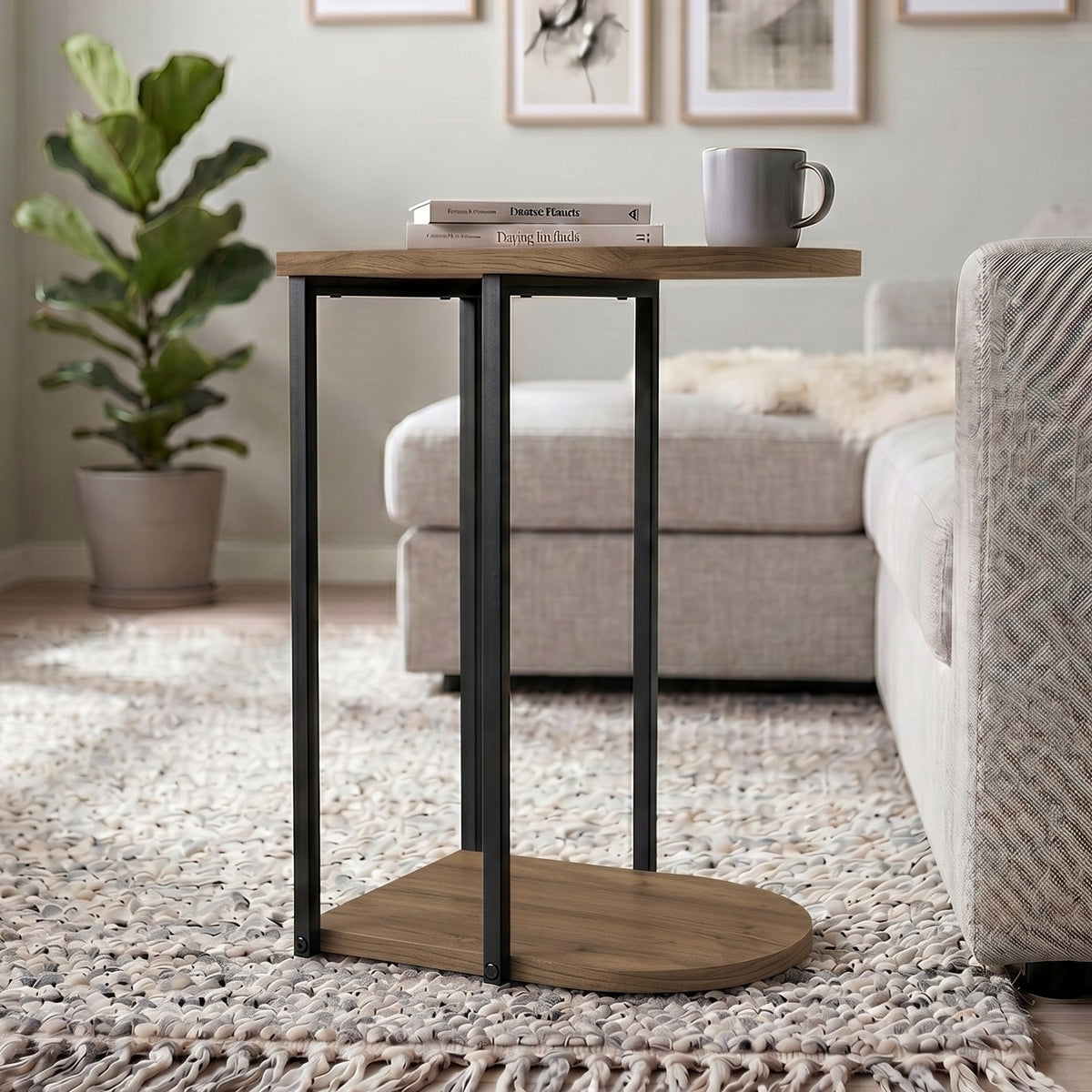 Yrsel 42cm Half-Round Side Table with Lower Shelf — Dark Oak Effect