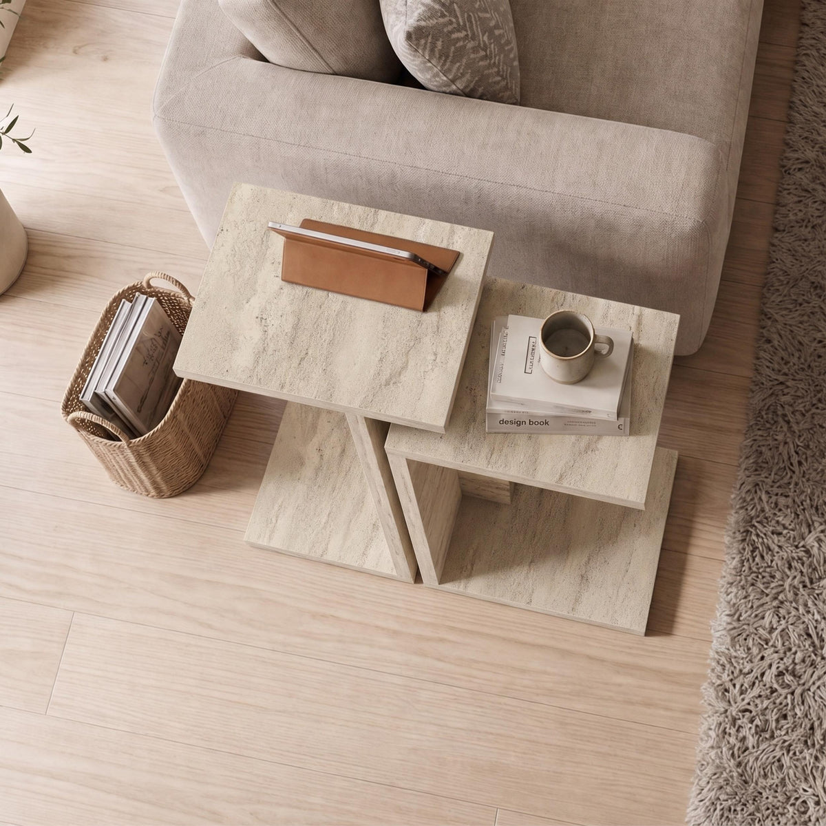 Jorsk C-Shaped Side Tables, Set of 2 (57 cm and 50 cm) — Travertine