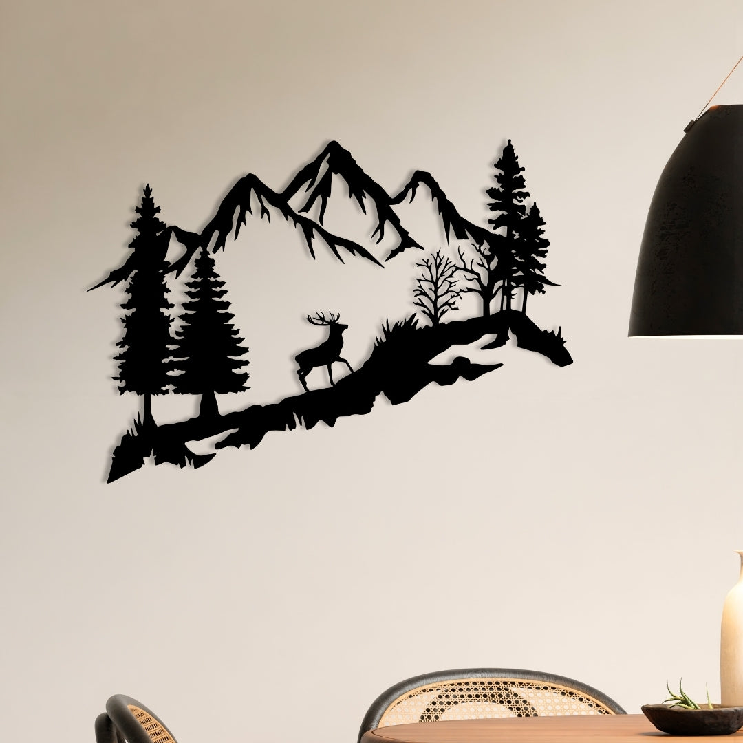 Mountain Deer Metal Wall Art – 3D Nature Scene with Trees & Mountains | 3 Sizes