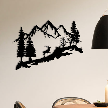 Mountain Deer Metal Wall Art – 3D Nature Scene with Trees & Mountains | 3 Sizes