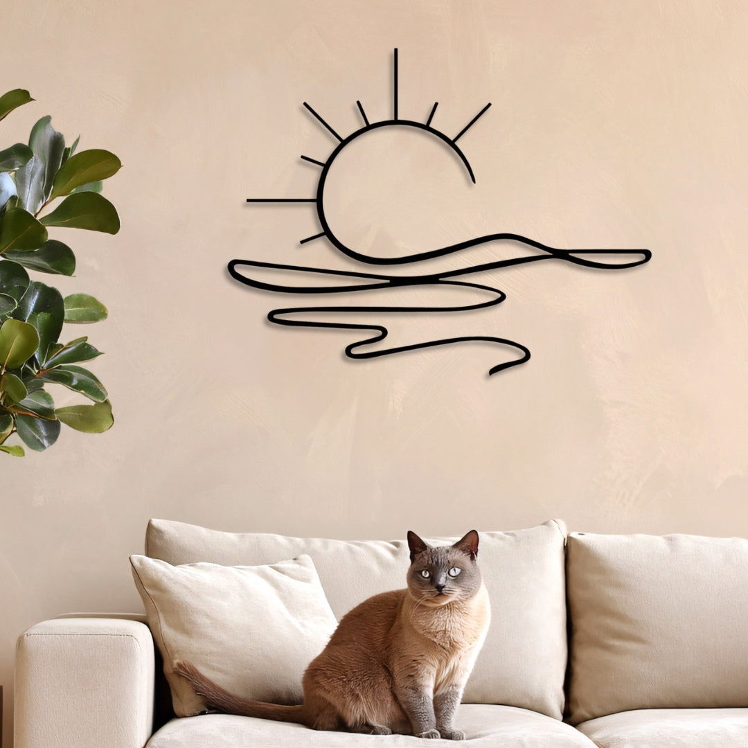 Sunrise Metal Wall Art – 3D Minimal Sun and Wave Decor | 75x58 cm | Indoor & Outdoor Use