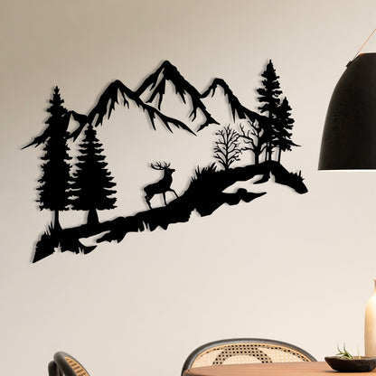 Mountain Deer Metal Wall Art – 3D Nature Scene with Trees & Mountains | 3 Sizes