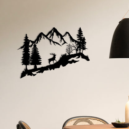 Mountain Deer Metal Wall Art – 3D Nature Scene with Trees & Mountains | 3 Sizes