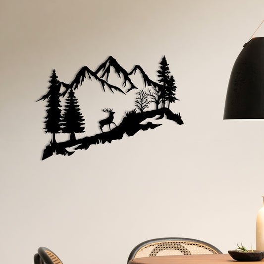 Mountain Deer Metal Wall Art – 3D Nature Scene with Trees & Mountains | 3 Sizes