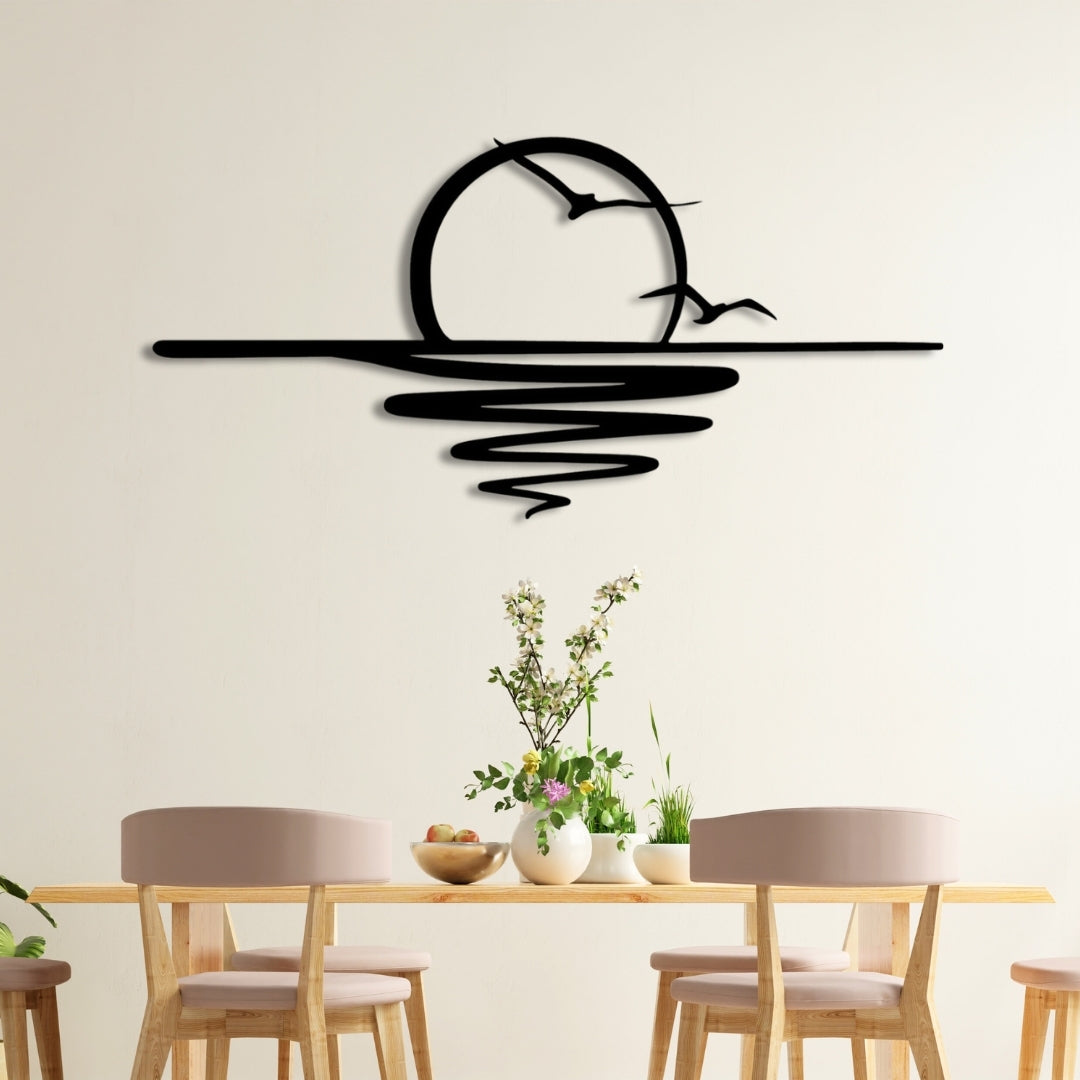 Sunset Metal Wall Art – 3D Minimal Seascape Wall Decor with Birds | 120x58 cm