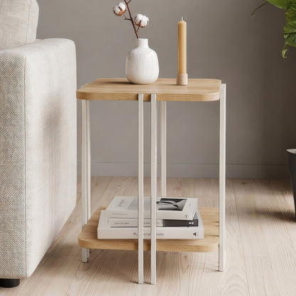 Zemlo 41cm Square 2-Tier Side Table with Metal Side Legs — Oak