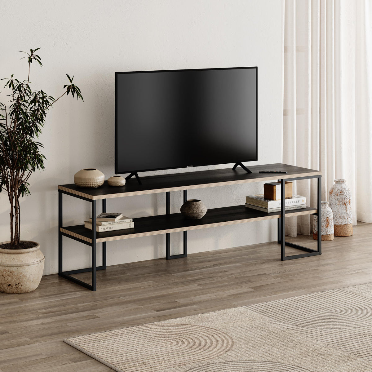 Quorne 140cm Open TV Unit with Black Metal Frame — Black Wood, Plywood