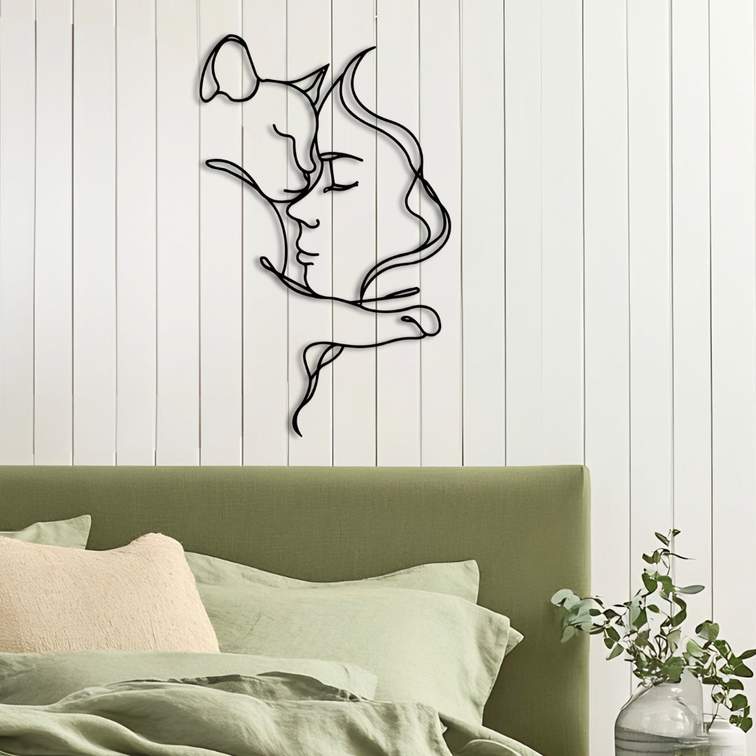 Cat Lover Metal Wall Art – 3D Metal Cat and Woman Wall Decor, 70x43.7 cm, Black