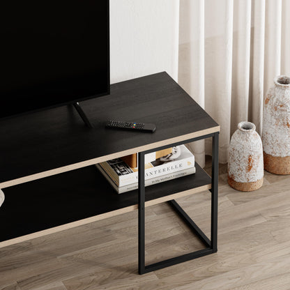 Quorne 140cm Open TV Unit with Black Metal Frame — Black Wood, Plywood