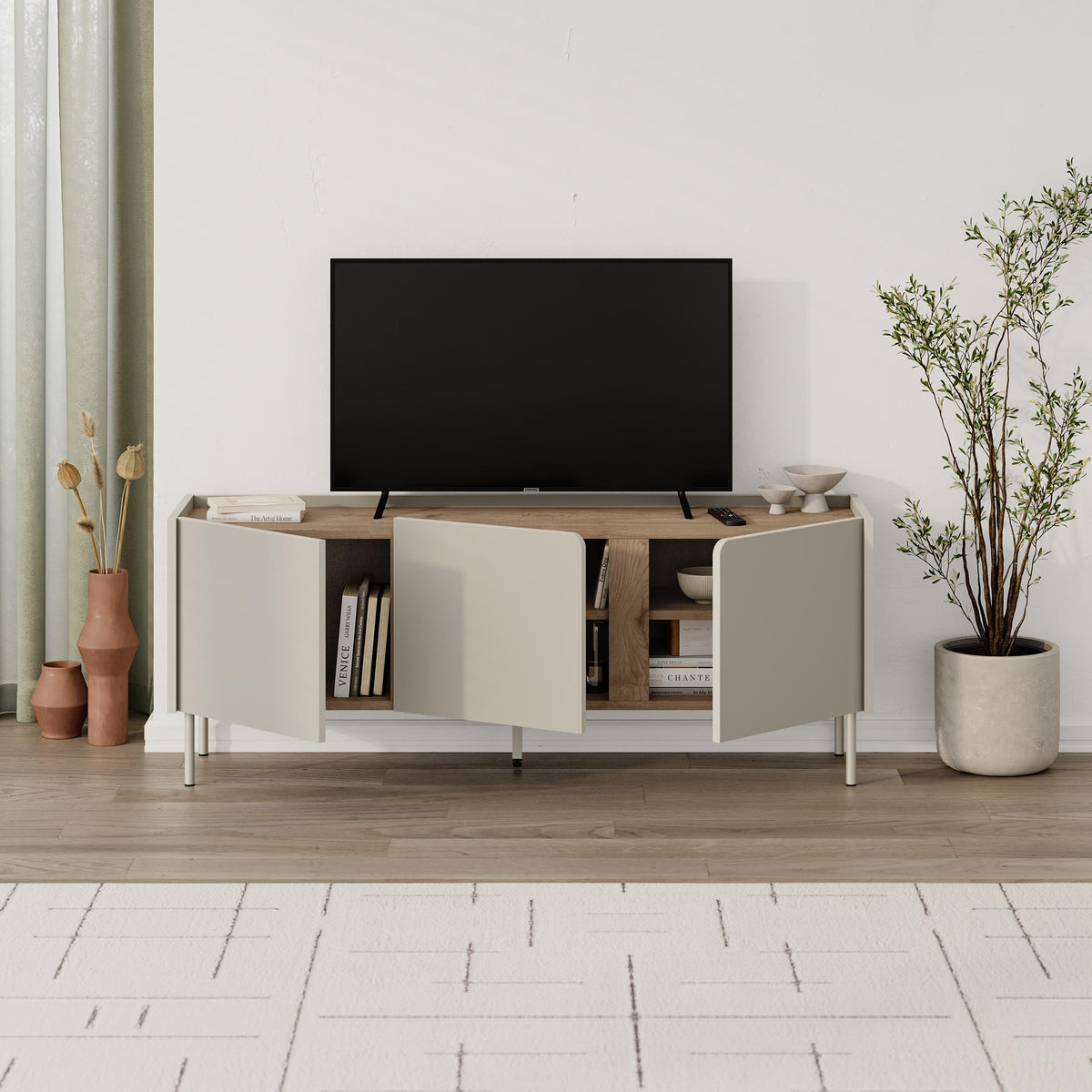 Eskor 140cm TV Stand with 3 Soft-Close Doors & 5 Shelves — Natural Oak, Sandstone