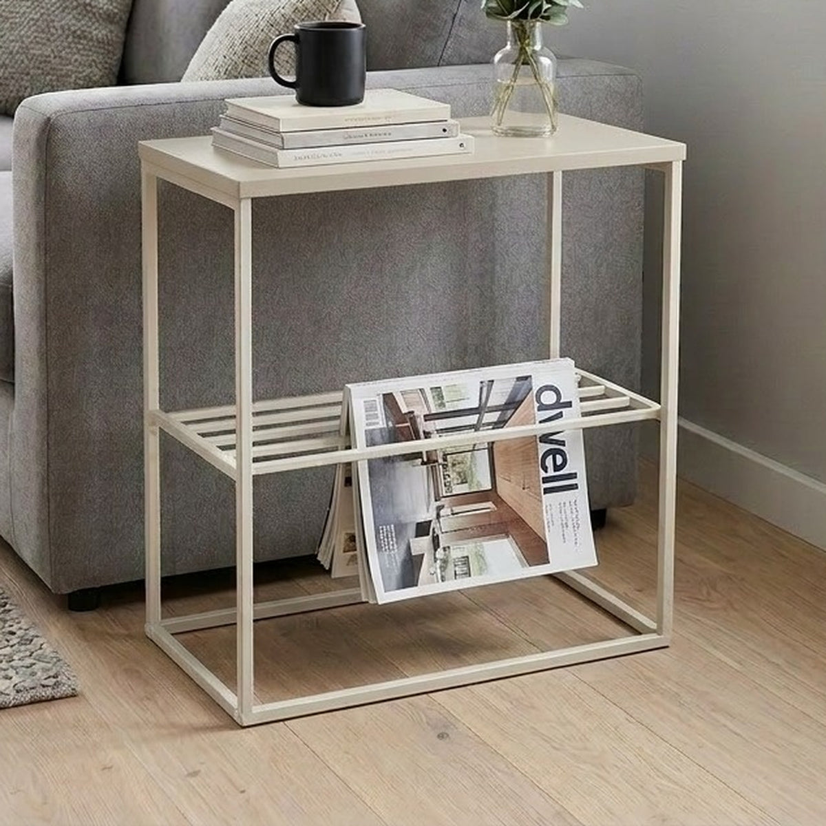 Pemby 55cm Slim End Table with Metal Magazine Rack — Sandstone