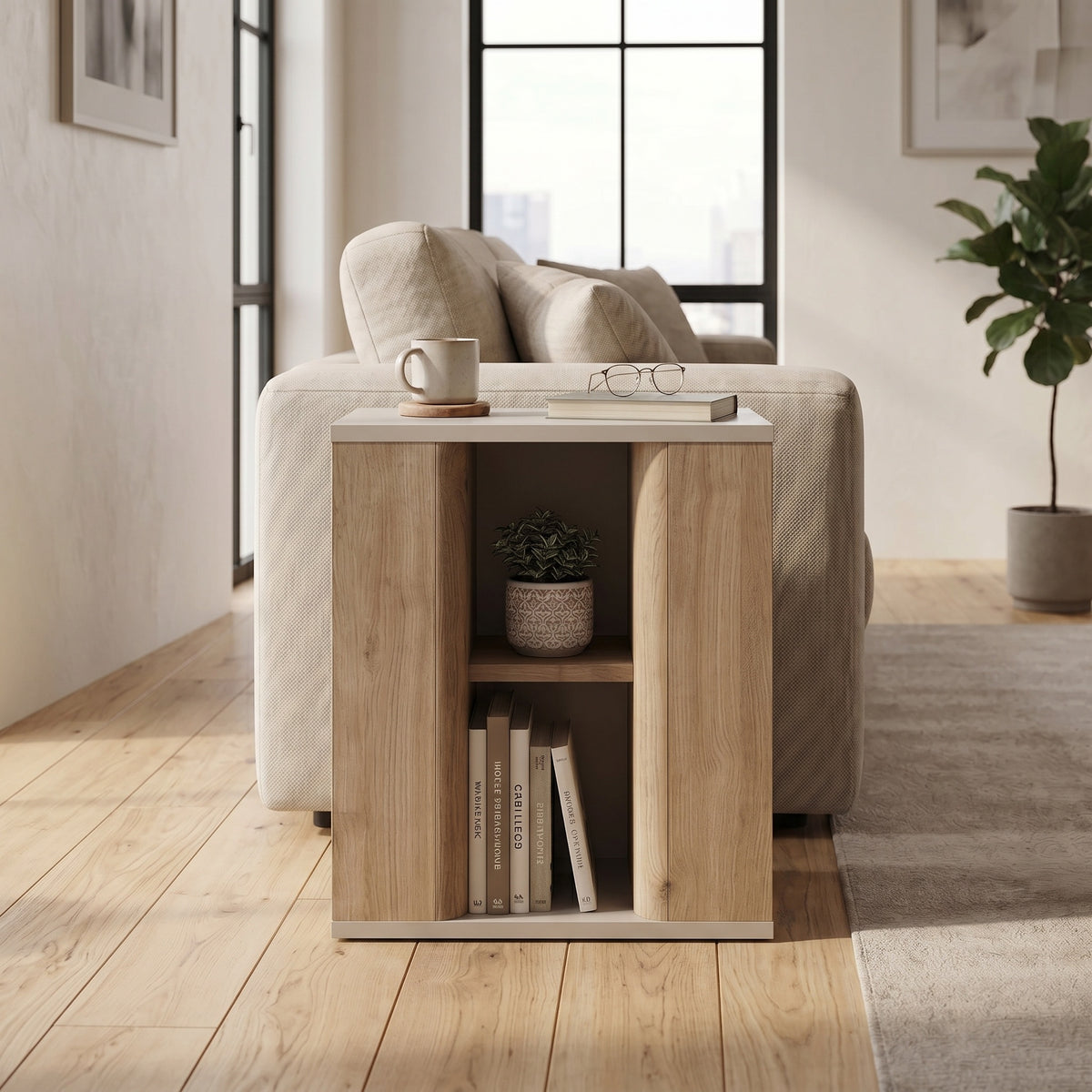 Rudmo 45 cm Slim Side Table with Open Storage Niches — Natural Oak, Sandstone