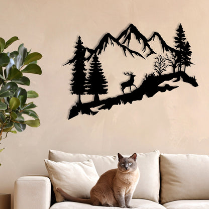 Mountain Deer Metal Wall Art – 3D Nature Scene with Trees & Mountains | 3 Sizes